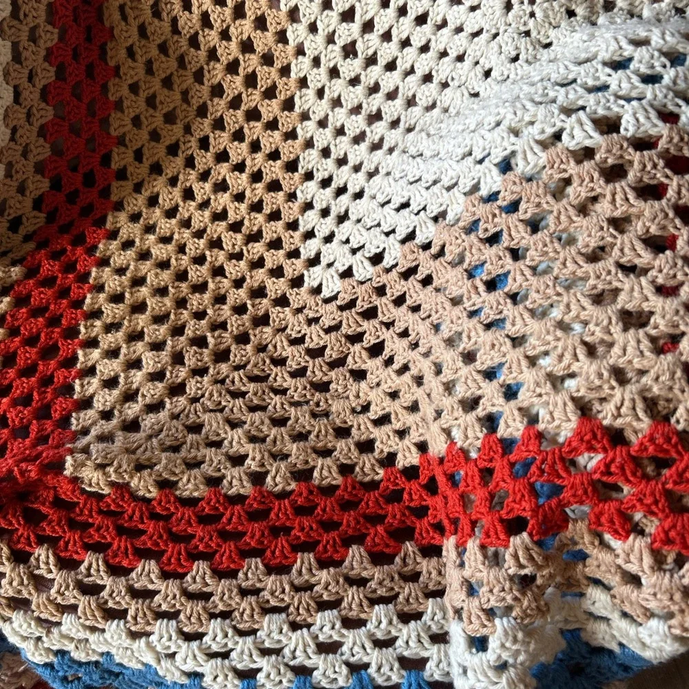 Vintage Handmade Granny Square Crochet Multicolored Blanket‎